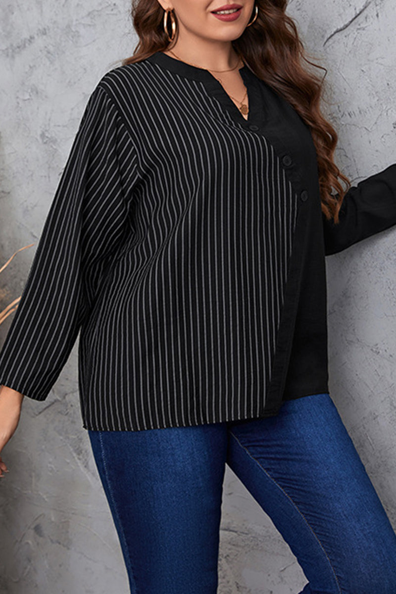 Casual Striped Patchwork O Neck Plus Size Tops - Fashionpara