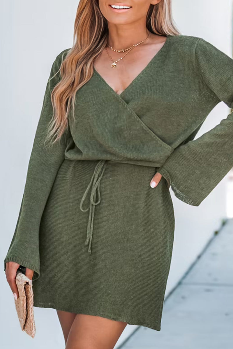 Casual Simplicity Solid Frenulum V Neck Long Sleeve Dresses - Fashionpara