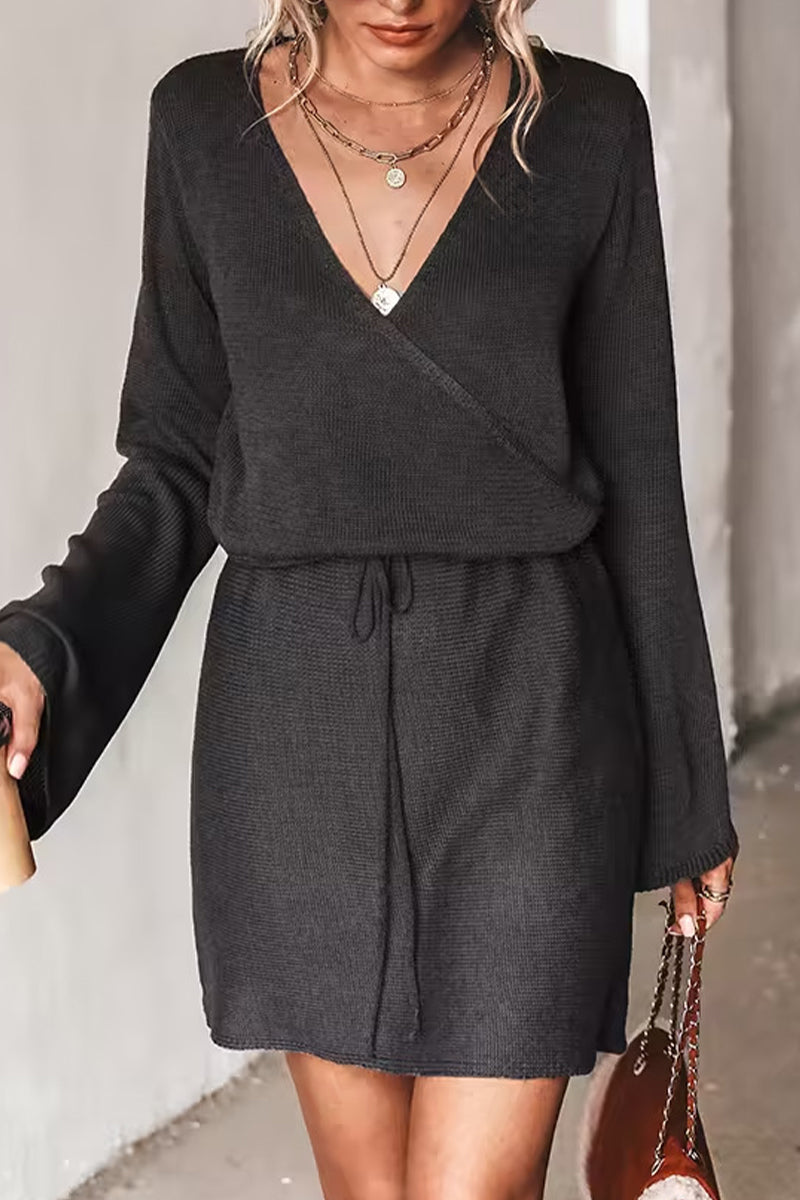 Casual Simplicity Solid Frenulum V Neck Long Sleeve Dresses - Fashionpara