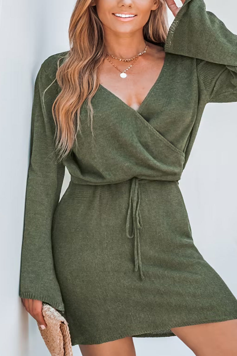 Casual Simplicity Solid Frenulum V Neck Long Sleeve Dresses - Fashionpara