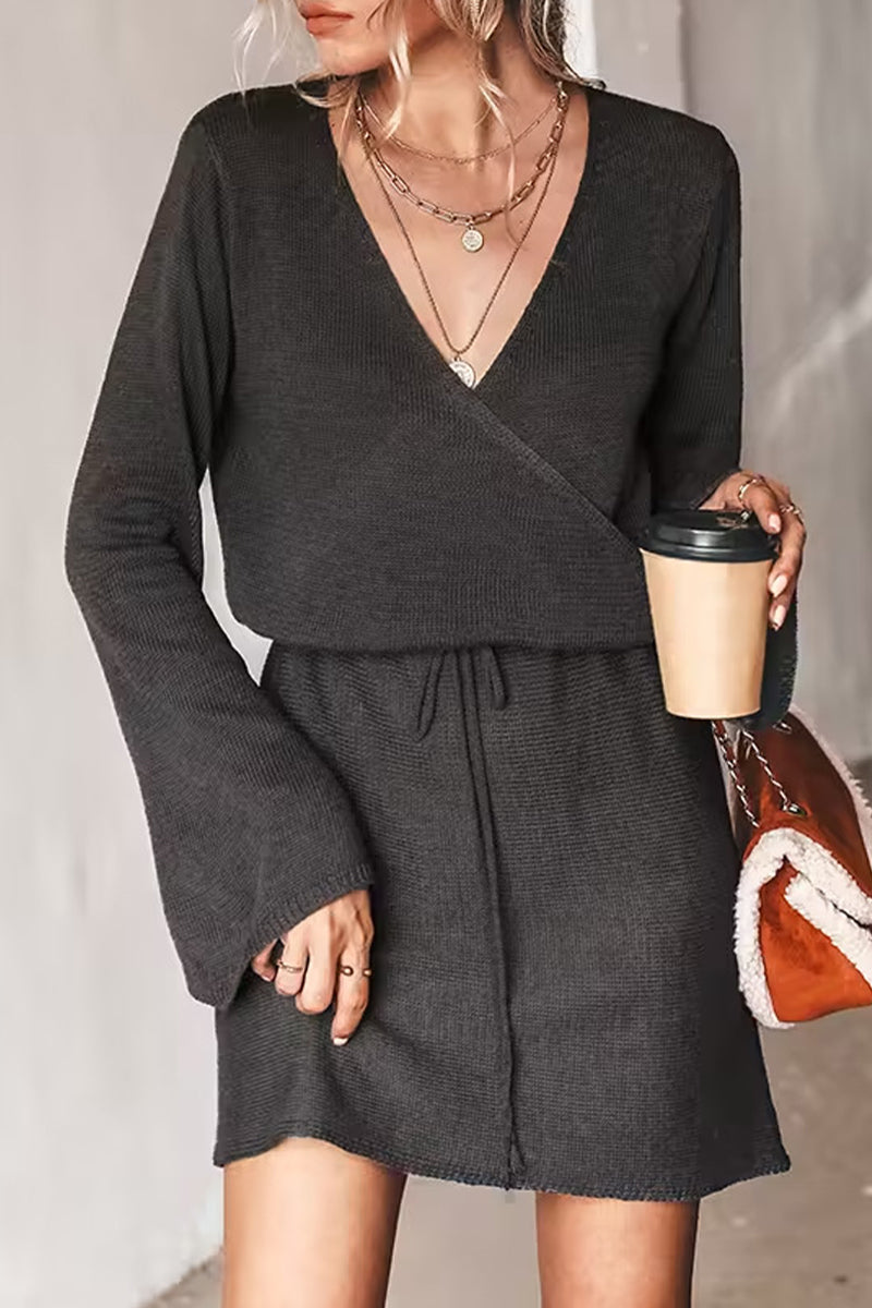 Casual Simplicity Solid Frenulum V Neck Long Sleeve Dresses - Fashionpara