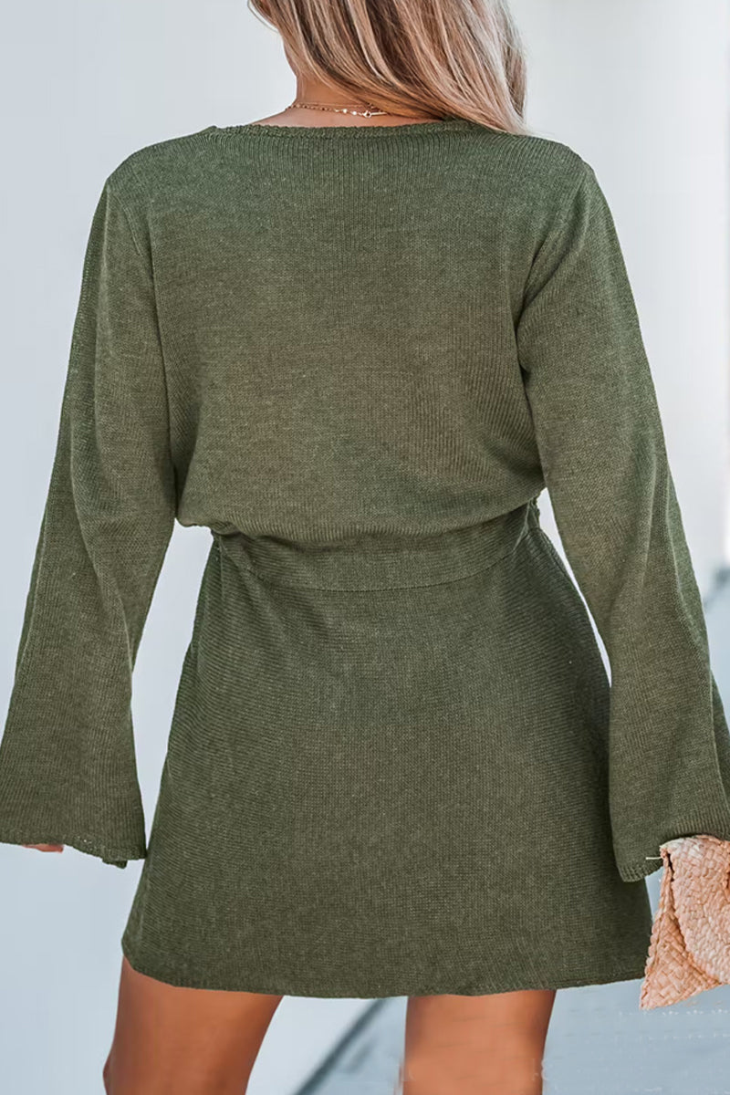 Casual Simplicity Solid Frenulum V Neck Long Sleeve Dresses - Fashionpara