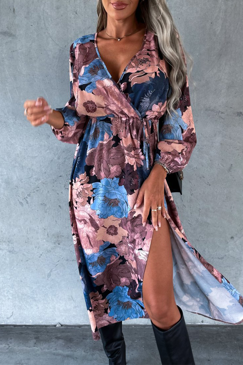 Elegant Floral Slit V Neck Printed Dress Dresses - Fashionpara