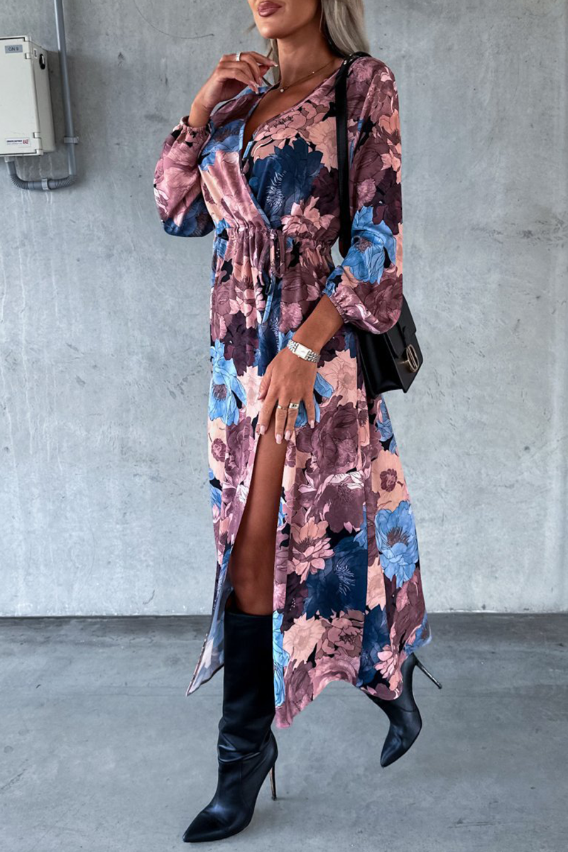 Elegant Floral Slit V Neck Printed Dress Dresses - Fashionpara