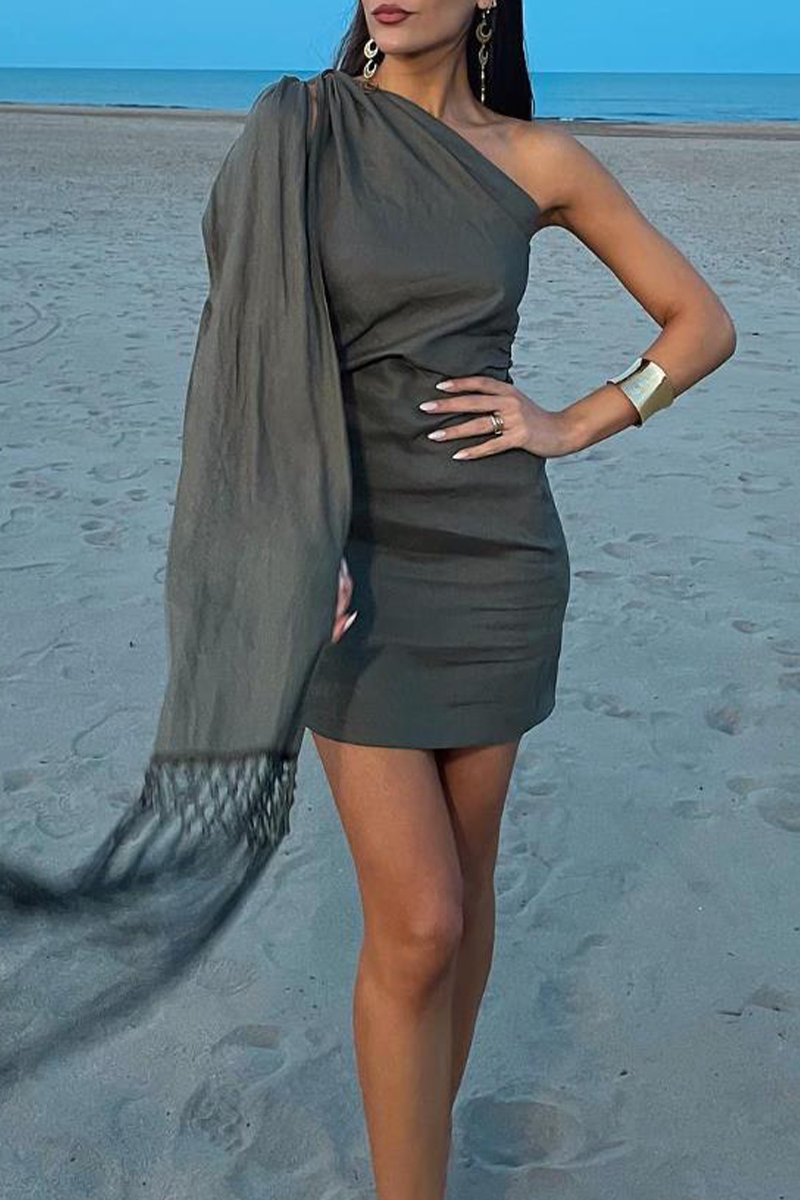 Casual Vintage Solid Tassel Oblique Collar One Step Skirt Dresses - Fashionpara