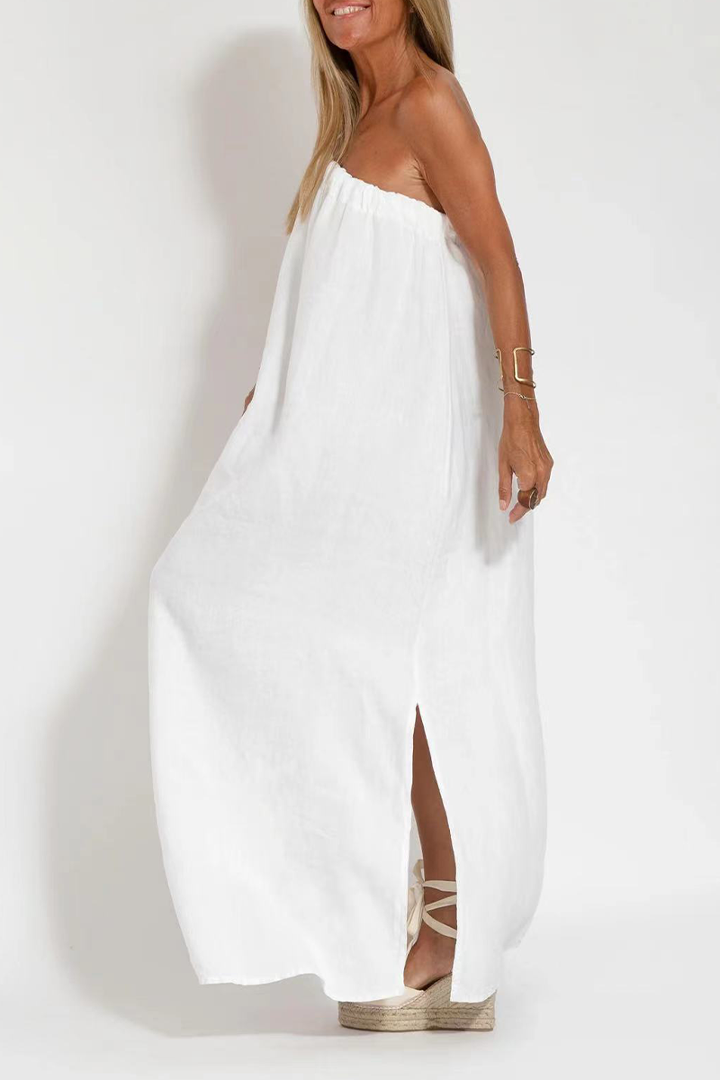 Casual Simplicity Solid Slit Asymmetrical Oblique Collar Sleeveless Dress Dresses - Fashionpara