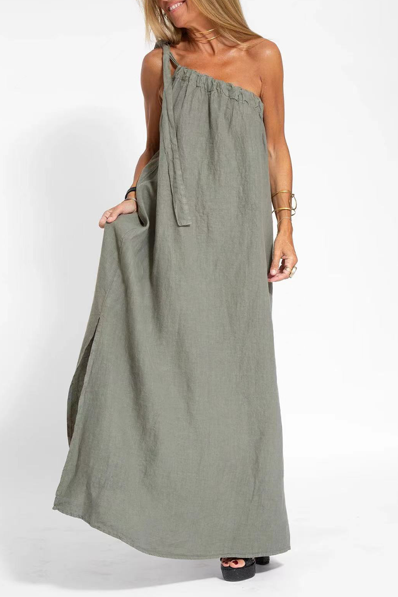 Casual Simplicity Solid Slit Asymmetrical Oblique Collar Sleeveless Dress Dresses - Fashionpara
