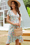 Fashion V Neck Floral Print Ruffle Hem Mini Dress