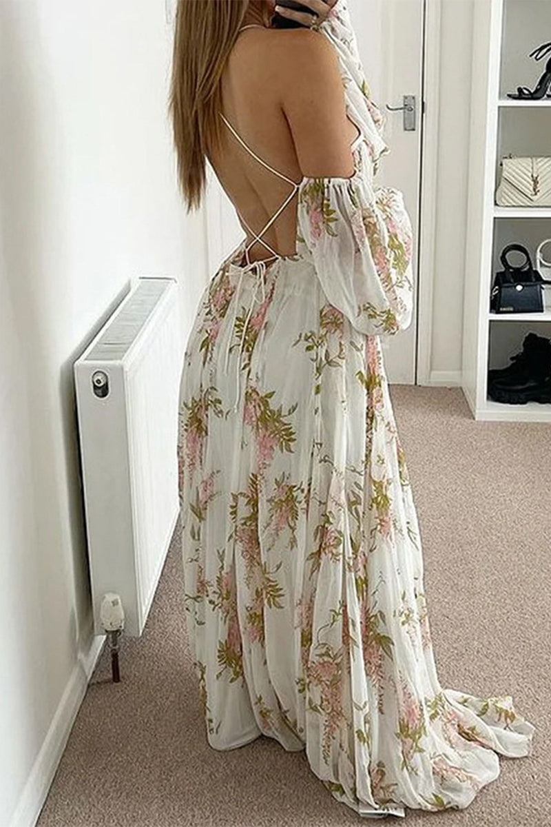 Elegant Floral Frenulum Backless V Neck Printed Dress Dresses - Fashionpara