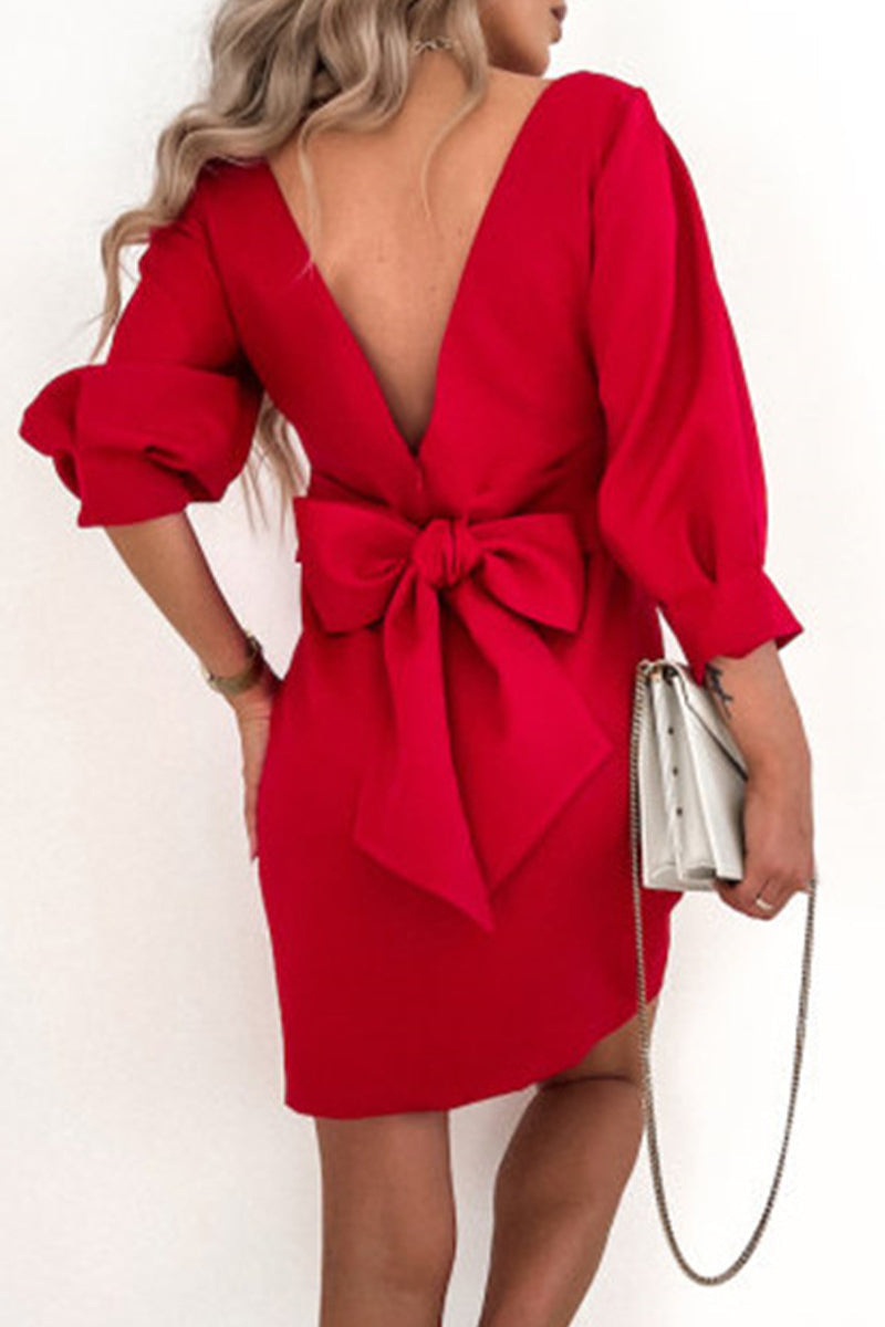 Elegant Solid With Bow Zipper O Neck Pencil Skirt Dresses - Fashionpara