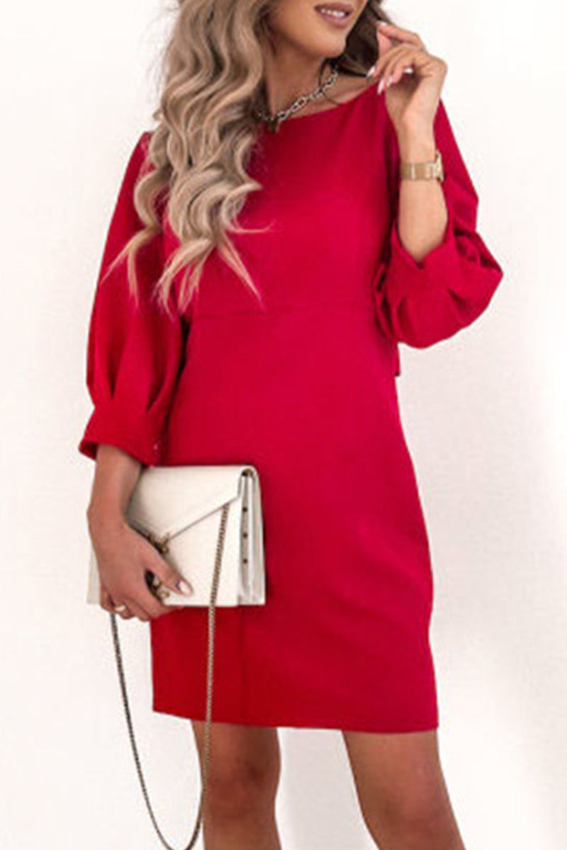 Elegant Solid With Bow Zipper O Neck Pencil Skirt Dresses - Fashionpara