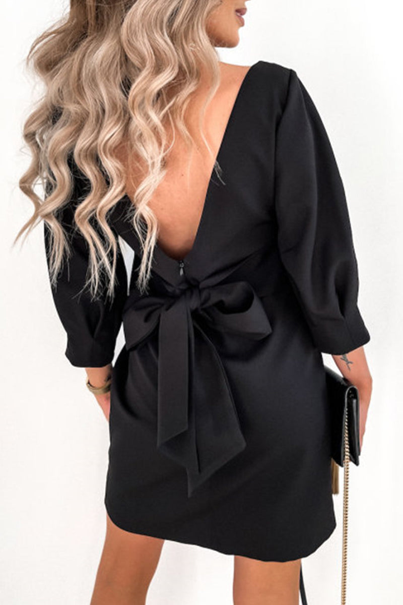 Elegant Solid With Bow Zipper O Neck Pencil Skirt Dresses - Fashionpara