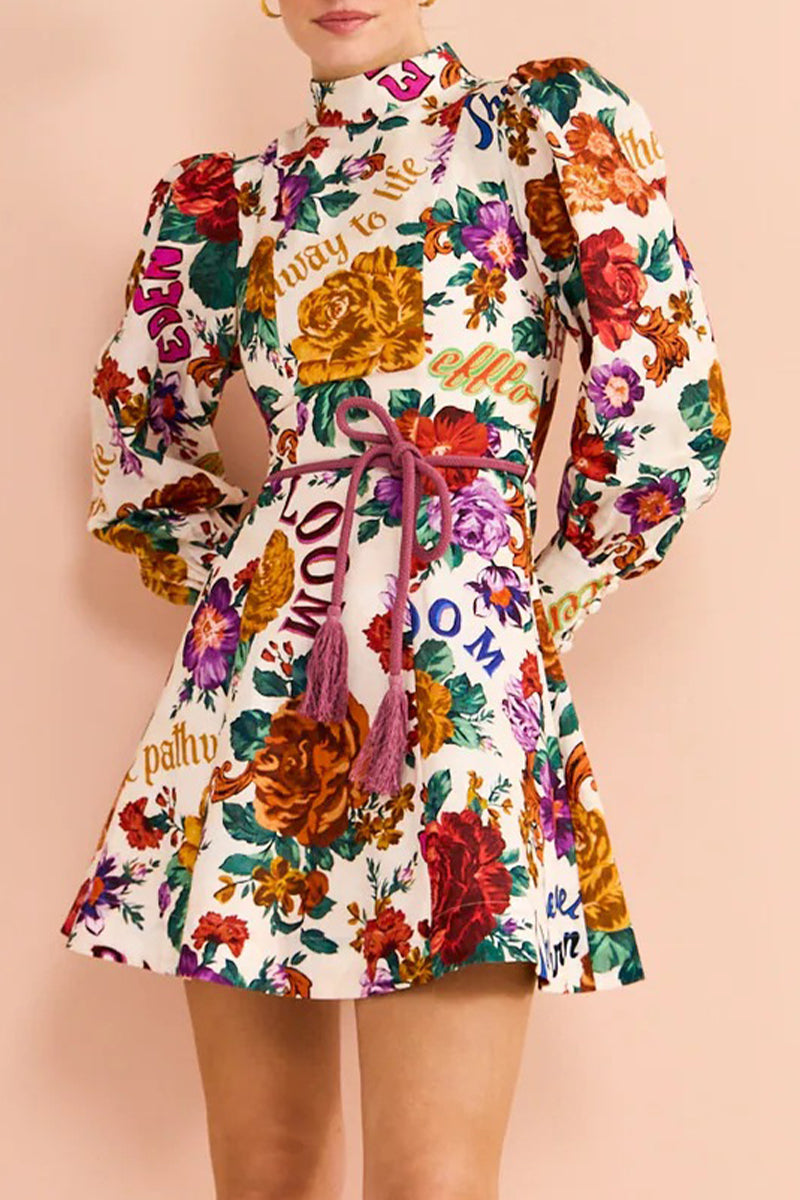 Elegant Floral Bandage Half A Turtleneck Printed Dress Dresses - Fashionpara