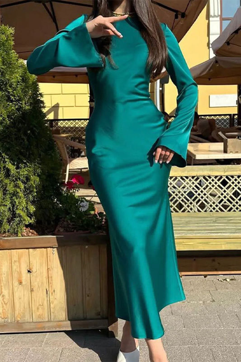 Elegant Simplicity Solid Patchwork O Neck One Step Skirt Dresses - Fashionpara