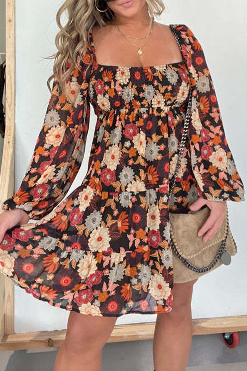 Vintage Elegant Floral Square Collar Printed Dress Dresses - Fashionpara