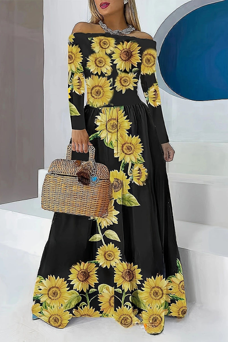 Casual Floral Off the Shoulder Printed Dress Dresses - Fashionpara