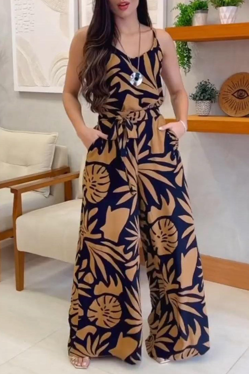 Casual Vintage Geometric Print Pocket V Neck Sleeveless Two Pieces - Fashionpara