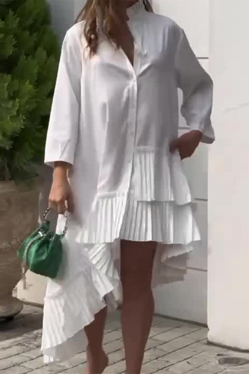 Casual Solid Fold Turndown Collar Shirt Dress Dresses - Fashionpara