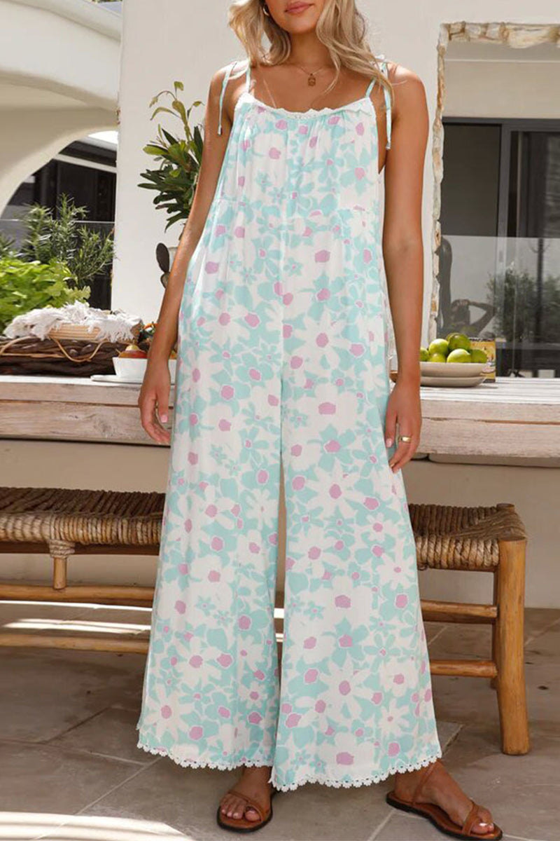 Sweet Print Flowers Lace U Neck Loose Jumpsuits - Fashionpara