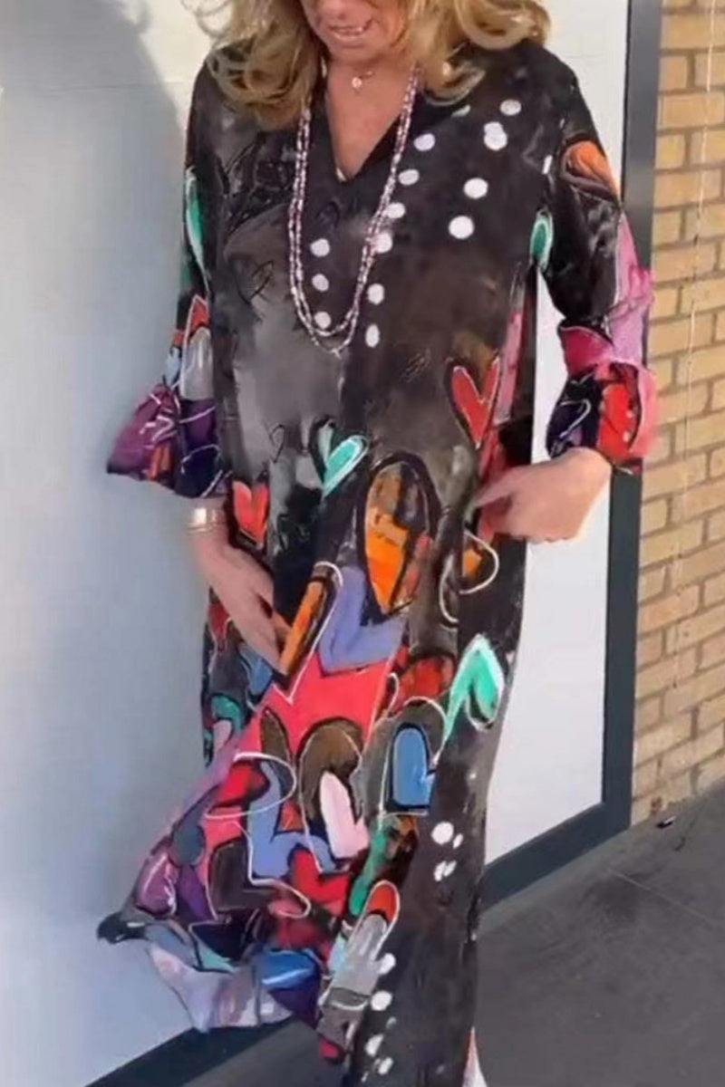 Casual Print Basic V Neck Long Sleeve Dresses - Fashionpara