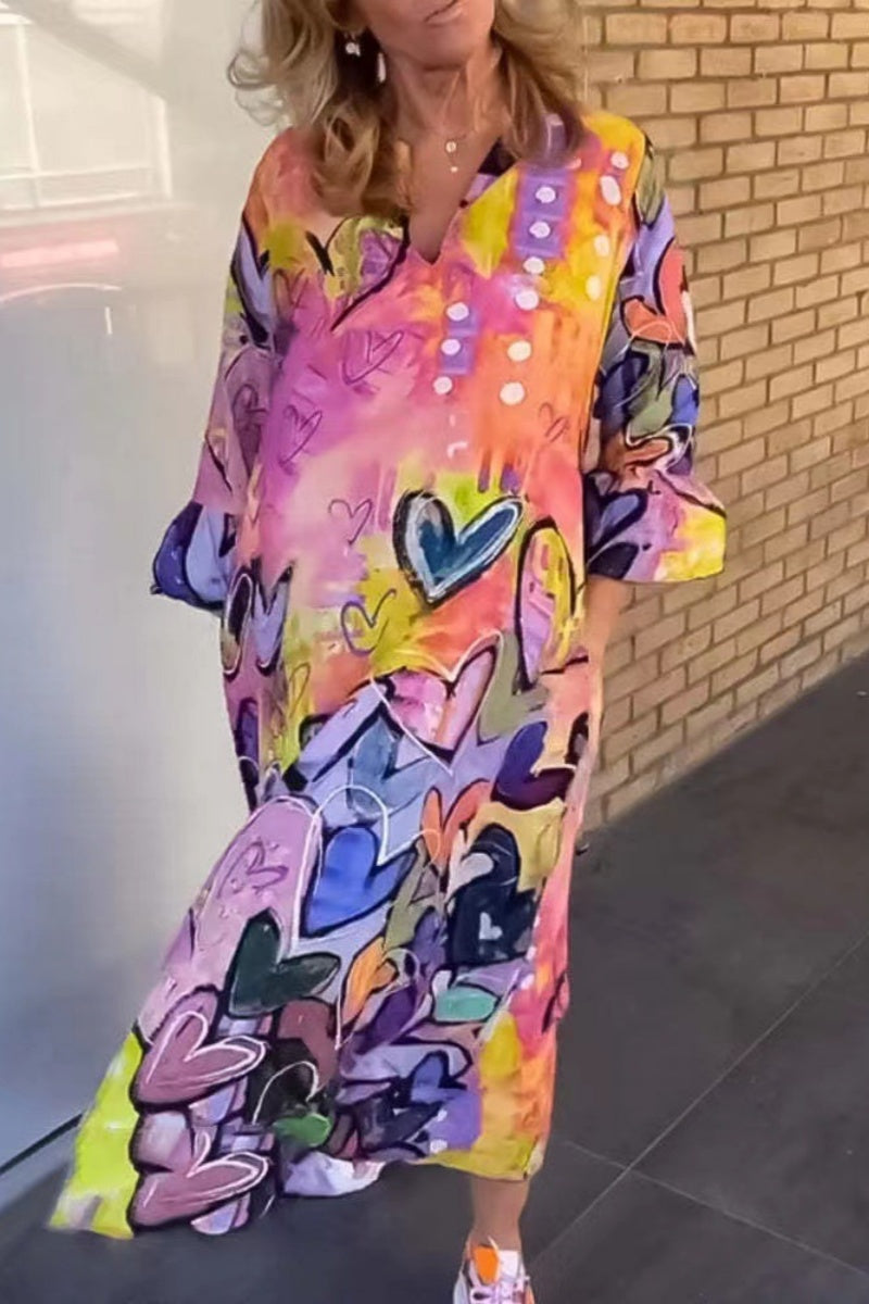 Casual Print Basic V Neck Long Sleeve Dresses - Fashionpara