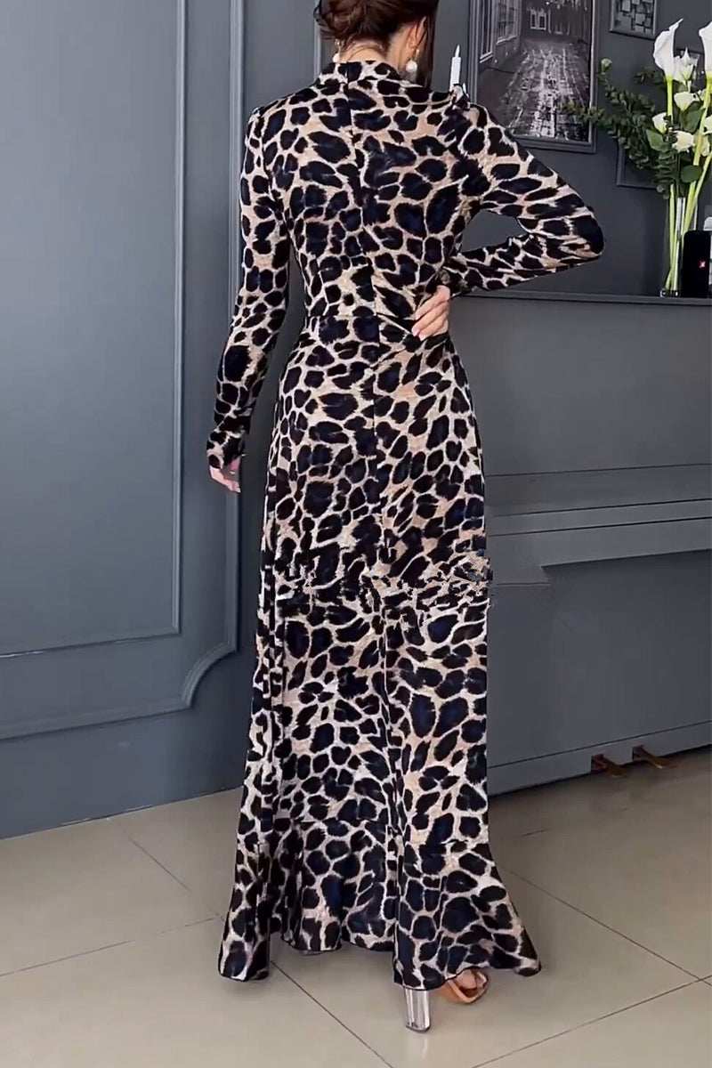 Vintage Print Leopard Stringy Selvedge Half A Turtleneck Printed Dress Dresses - Fashionpara