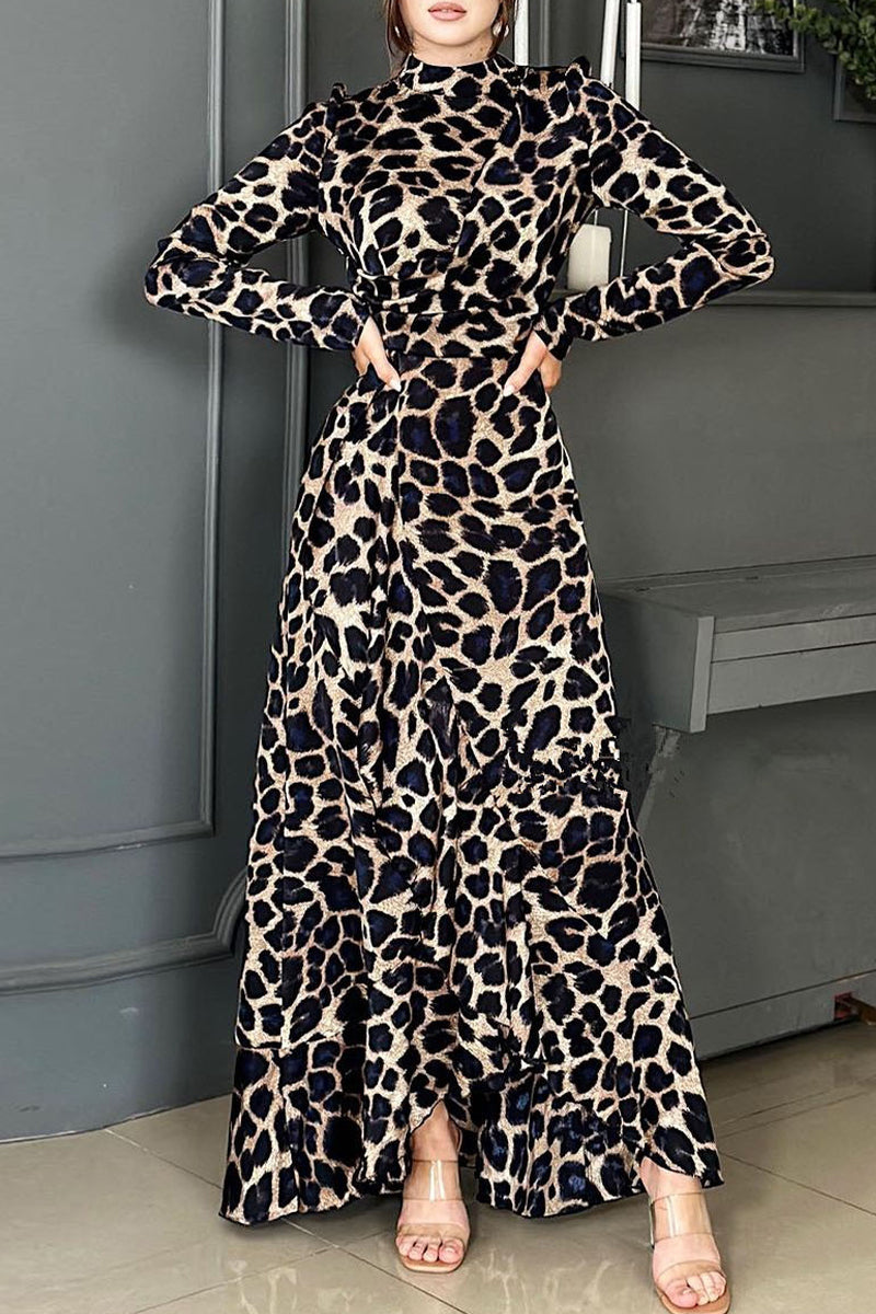 Vintage Print Leopard Stringy Selvedge Half A Turtleneck Printed Dress Dresses - Fashionpara