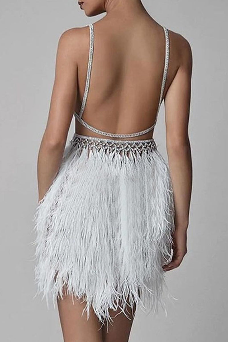 Sexy Party Hollowed Out Feathers V Neck Evening Dress Dresses - Fashionpara