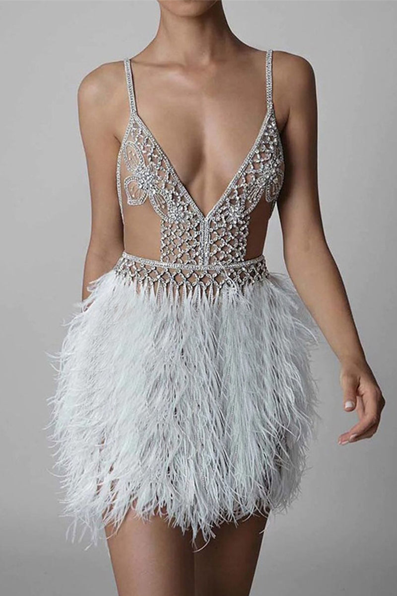 Sexy Party Hollowed Out Feathers V Neck Evening Dress Dresses - Fashionpara