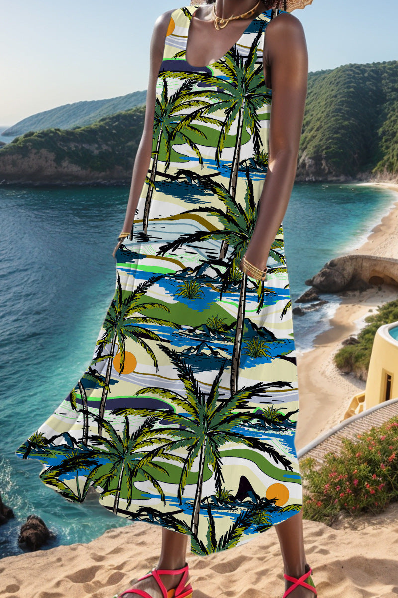 Casual Print Basic U Neck Vest Dress Dresses - Fashionpara