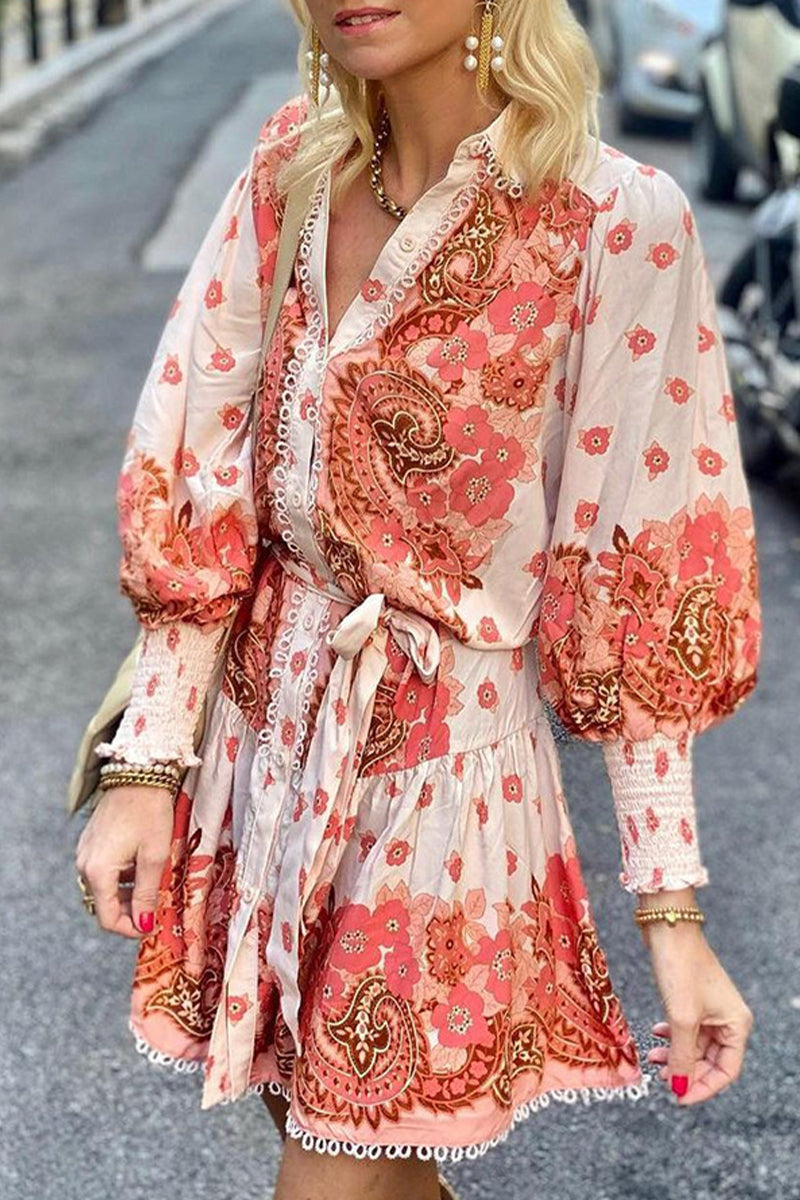 Casual Floral Bandage V Neck Printed Dress Dresses - Fashionpara