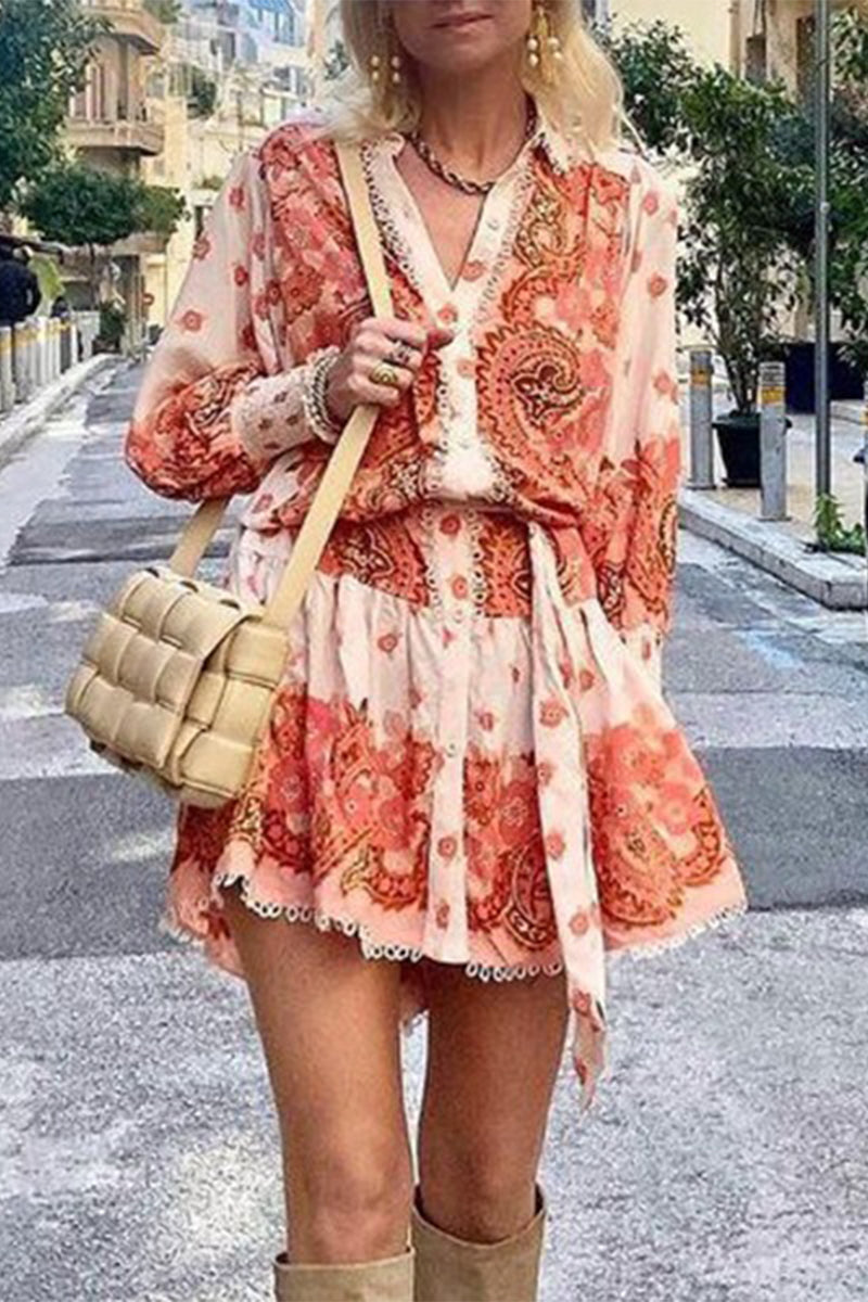 Casual Floral Bandage V Neck Printed Dress Dresses - Fashionpara