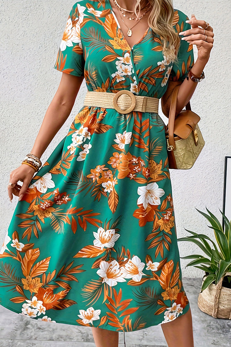 Vintage Elegant Floral Pocket V Neck Printed Dress Dresses - Fashionpara