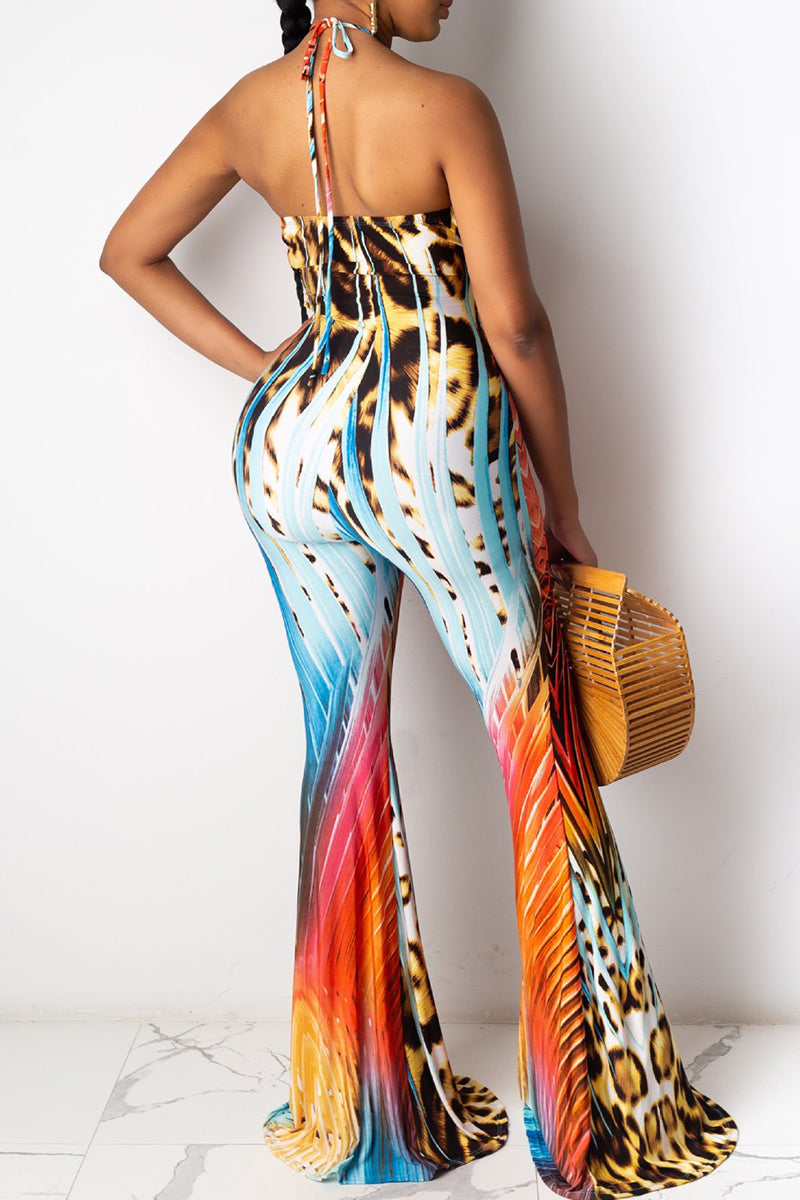 Sexy Print Bandage Patchwork Halter Regular Jumpsuits - Fashionpara