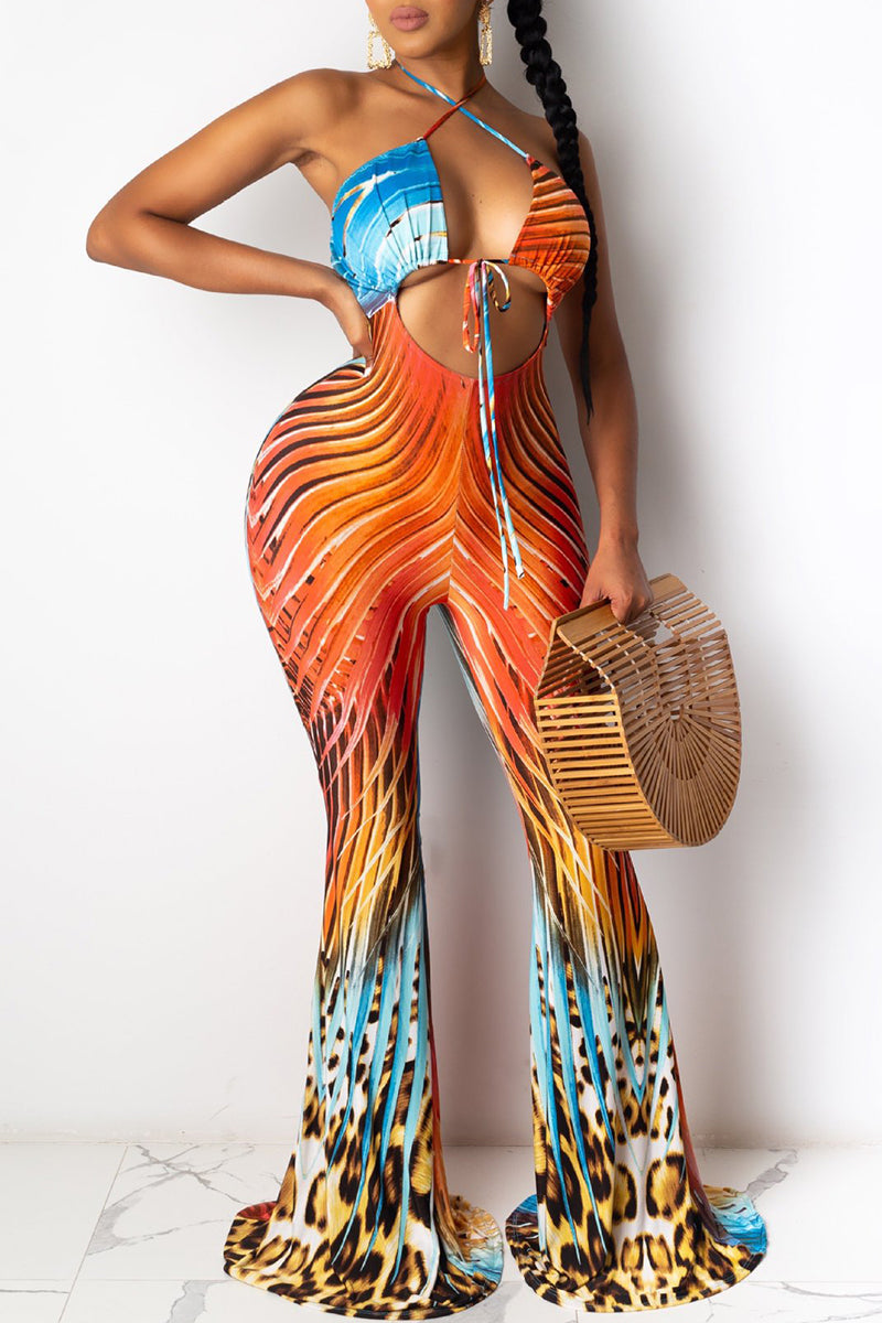 Sexy Print Bandage Patchwork Halter Regular Jumpsuits - Fashionpara