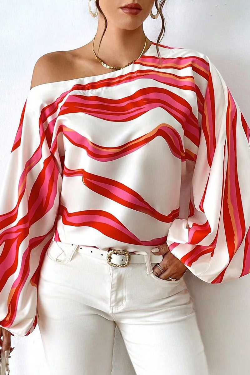 Sexy Geometric Print Patchwork Oblique Collar Tops - Fashionpara