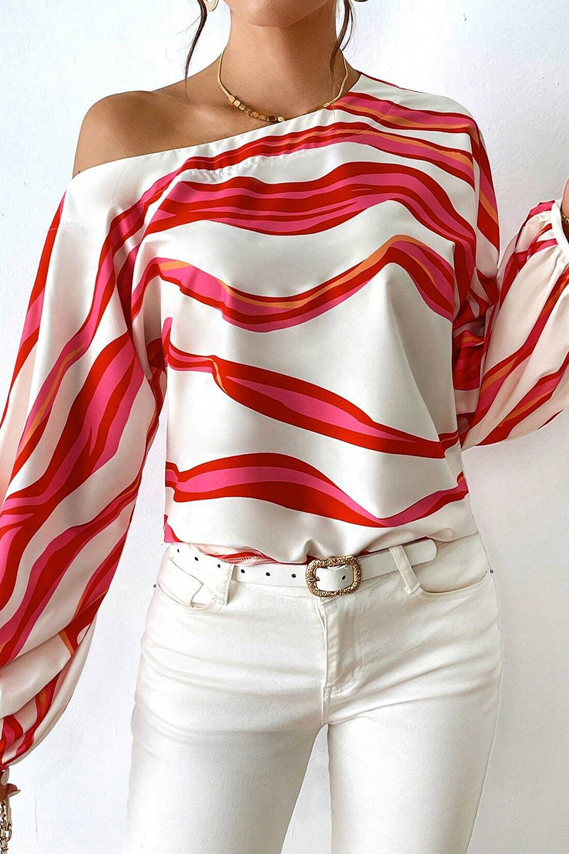 Sexy Geometric Print Patchwork Oblique Collar Tops - Fashionpara