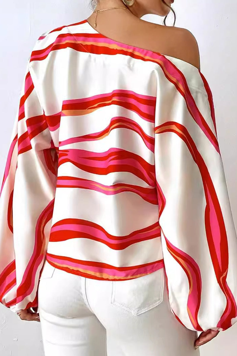 Sexy Geometric Print Patchwork Oblique Collar Tops - Fashionpara