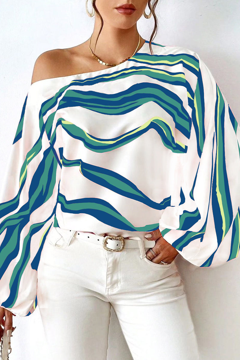 Sexy Geometric Print Patchwork Oblique Collar Tops - Fashionpara