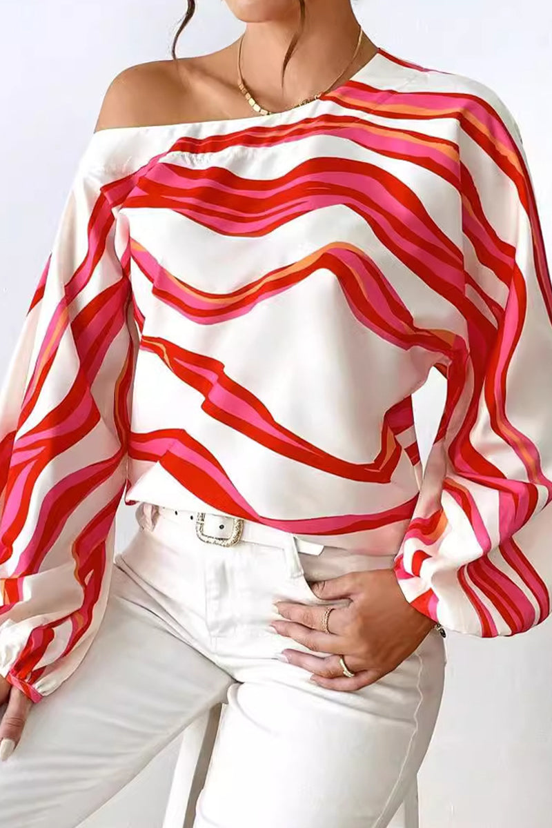 Sexy Geometric Print Patchwork Oblique Collar Tops - Fashionpara