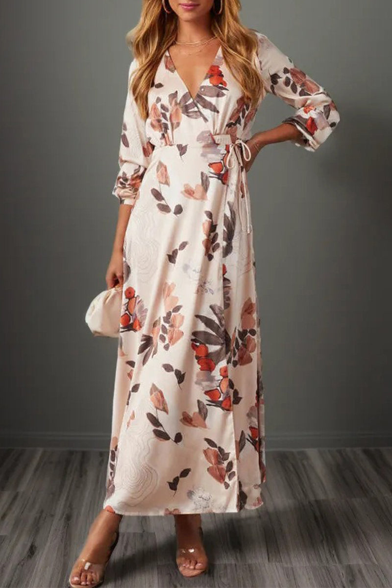 Elegant Floral Frenulum V Neck Printed Dress Dresses - Fashionpara