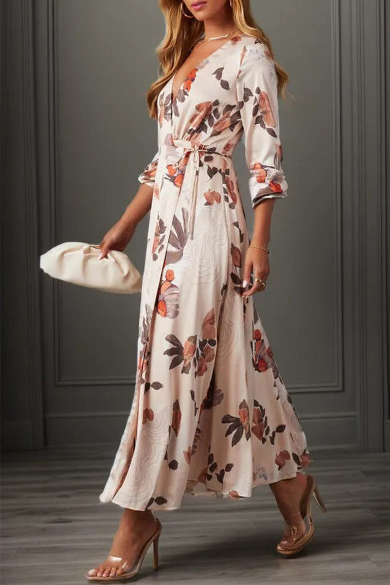 Elegant Floral Frenulum V Neck Printed Dress Dresses - Fashionpara