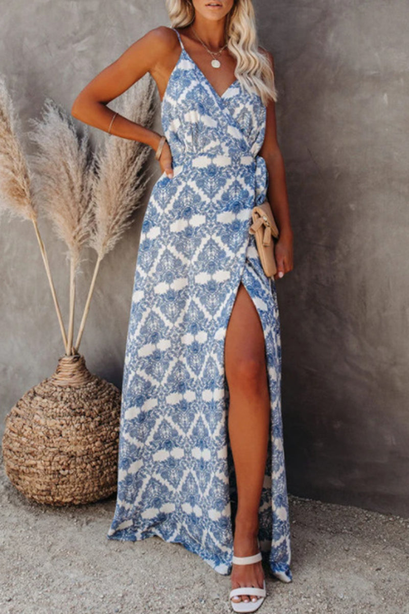 Sexy Geometric Print Backless Slit V Neck Sling Dress Dresses - Fashionpara