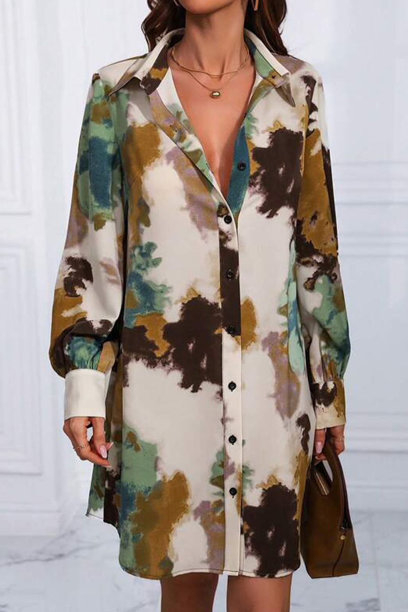 Casual Vintage Geometric Print Patchwork Turndown Collar Shirt Dress Dresses - Fashionpara