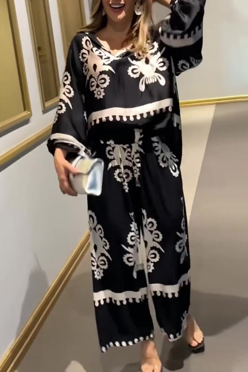 Casual Vintage Print Pocket Asymmetrical V Neck Long Sleeve Two Pieces - Fashionpara