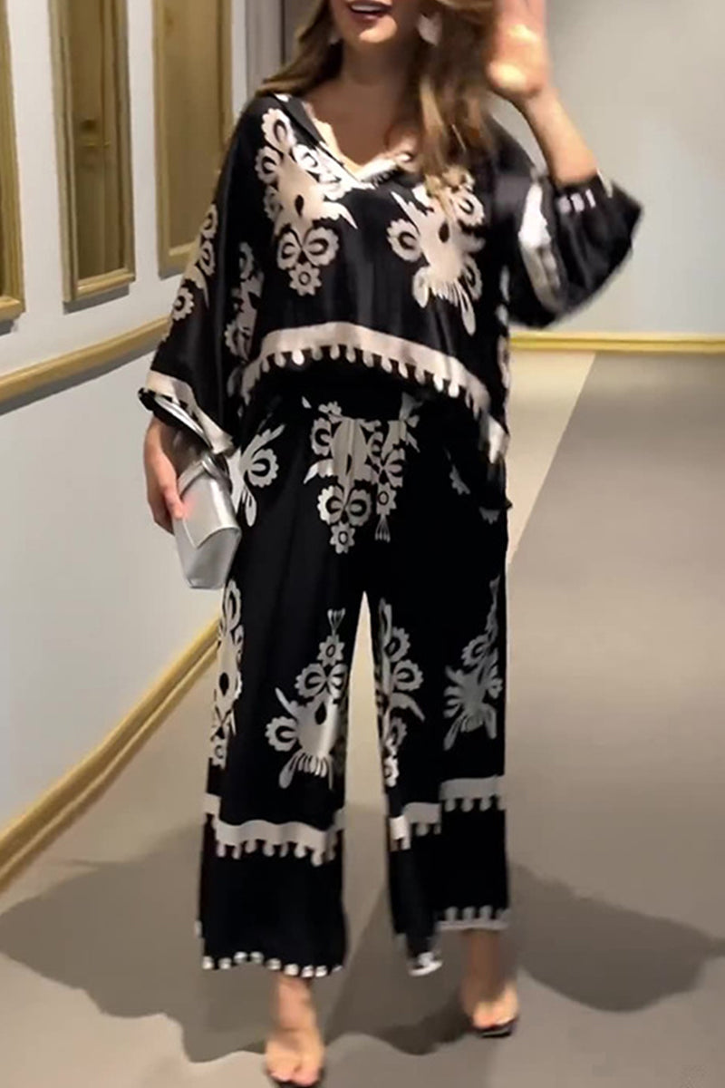 Casual Vintage Print Pocket Asymmetrical V Neck Long Sleeve Two Pieces - Fashionpara