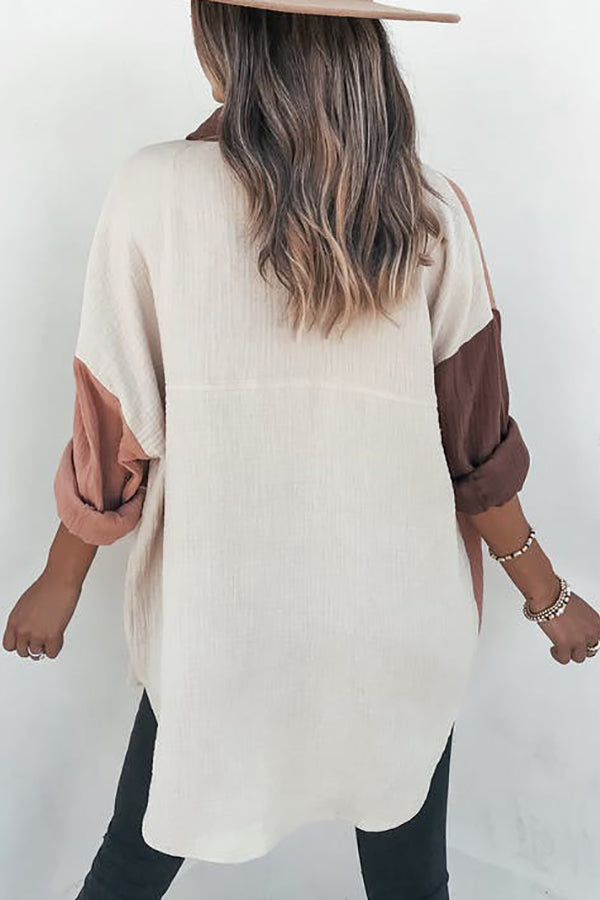 Color Block Textured Button Shirt with Pocket - Fashionpara