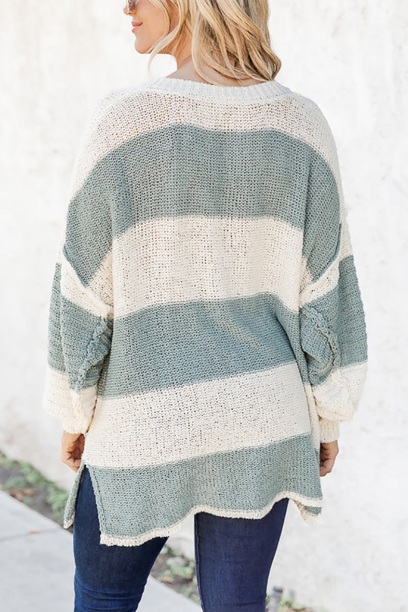 Oversized Striped Henley Sweater - Fashiondia