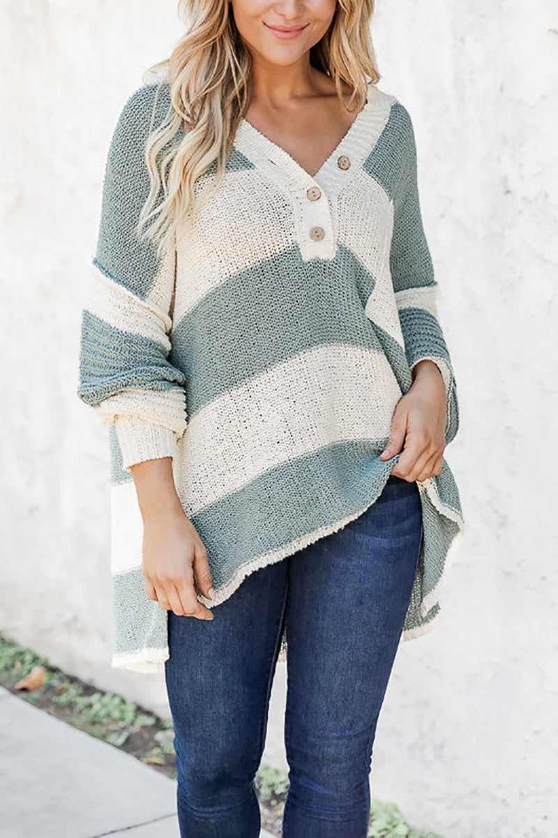 Oversized Striped Henley Sweater - Fashiondia
