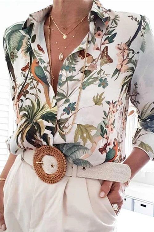 Garden Print Turndown Collar Blouse - Fashionpara